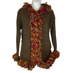 Pachamama Handmade Hoodie Cardigan Sweater Size Large Brown Fringed Chunky Wool